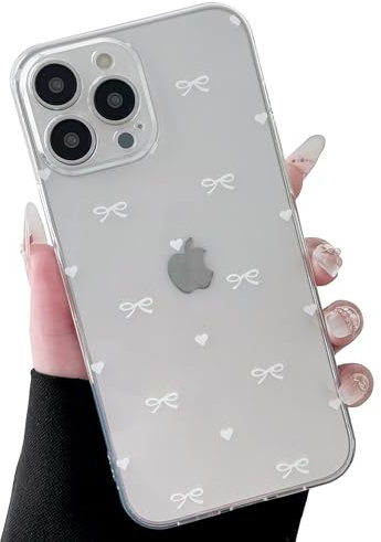 ZTOFERA Clear Case for iPhone 16 Pro Max, Cute Love Heart & Bowknot Pattern Design Aesthetic Transparent Phone Case Soft Flexible TPU Shockproof Protective Cover for Women Girls - White Bow