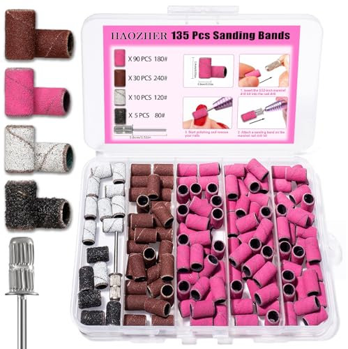 Haozher 135pcs Nail Drill Bits Sanding Bands for Acrylic Nails (Mix 180/240/120/80 Grit) (Large)