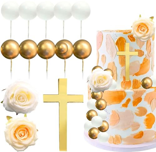 Kreuz Gold Cake Topper - 13pcs Blumen Rosa Kugeln für Kommunion, Taufe, Christentum und Babyparty