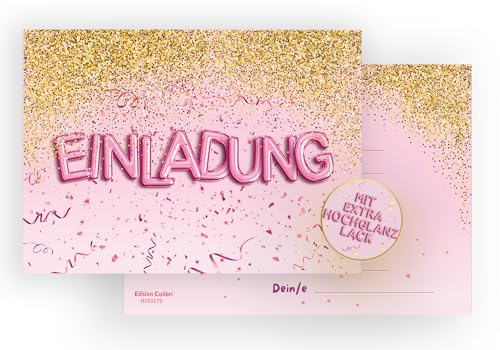 Edition Colibri 10 Geburtstagseinladungskarten für Mädchen und Jungen, Pink und Gold Glitzer, Top Model Party, Einladung zum Kindergeburtstag