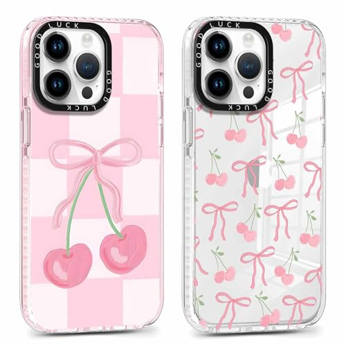 RUMDEY 2 Pack Cute Coquette Bow Phone Case for iPhone 11 Pro Max 6.5, Clear Aesthetic Pink Cherry Ribbon Checkered Pattern Print Design Women Girls Case Soft Slim Shockproof TPU Funda Cover