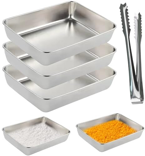 peiyee Panierschalen Set 3-Teilig mit Clip, Stapelbar Panierstrasse Edelstahl Schale Rechteckig 25 x 20 x 5 cm, Panier Set Gastro für Lagerung von Lebensmitteln