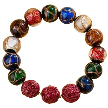 BaronHong Buddhistisches handgefertigtes Armband „Der Lama-Tempel“ mit dem gleichen Räucherasche-Glas-Gold-Eater-Glasperlen-Anhänger (männlich, Tiger-Pferd-Hund)