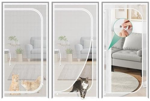 Puerta For Mascotas, Rejilla For Gatos,Puerta De Balcón, Rejilla Protectora For Gatos Engrosada, Mosquitera For Sala De Estar, Dormitorio, Cocina, Terraza, Puerta De Rejilla (Blanco, 150x220cm)