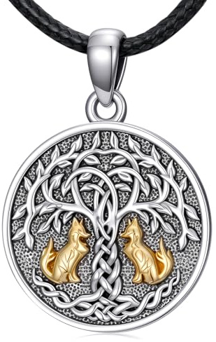 Collier arbre de vie pour homme en argent sterling 925 avec pendentif arbre de vie renard avec nœud celtique amulette ronde viking renard bijoux cadeau pour femme et homme