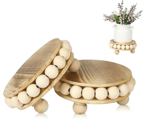 yunmanqiji Wood Risers for Decor, 4-Inch Round Pedestal Stands, 2-Pack | Beaded decorative riser pedestal stands for tiered trays, plant displays, cupcakes, candles and farmhouse or boho decor
