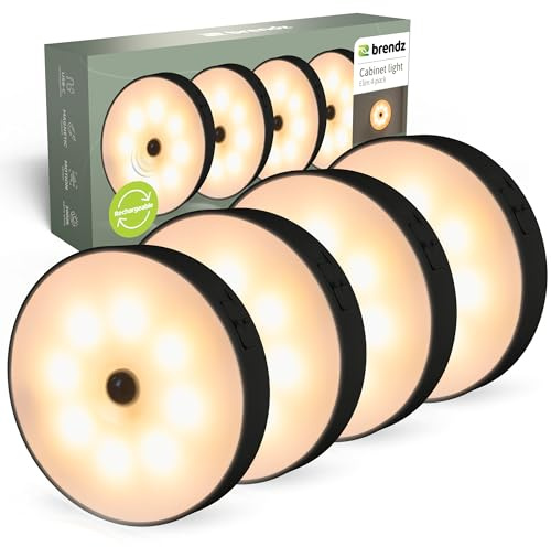 Brendz Rundes LED Schranklicht mit Bewegungsmelder, USB-C Wiederaufladbar, Magnetisch, 4 Stück, Warmweiß 3000K, Led Spot Akku, Kabellose Schrankbeleuchtung, Sensor Licht, Treppenbeleuchtung,schwarz