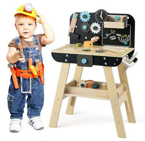 COSTWAY Banco da Lavoro in Legno per Bambini, Set Attrezzi Giocattolo con Martello, Cesello, Chiave Inglese, Ripiani e Ganci per Archivio, Tavolo da Lavoro Giocattolo Officina 3+ Anni