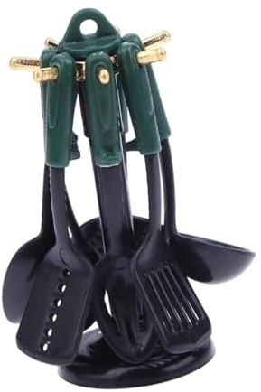 Ensemble d'ustensiles de cuisine 7 pièces avec support de rangement, kit d'outils de cuisine miniatures pour maison de poupées et objets de collection - Noir et vert
