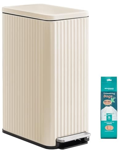 SONGMICS Kitchen Bin with Pedal, 13 Gallon (50 L) Slim Waste Bin with Soft-Close Lid, Removable Inner Bucket, Steel, 15 Rubbish Bags Included, Space-Saving, Cream White LTB350LZ02