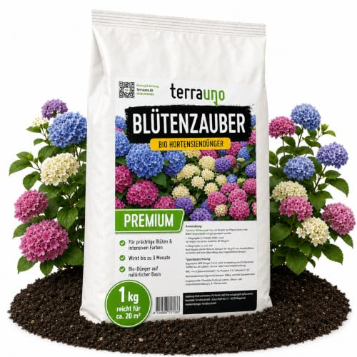 TerraUno Blütenzauber Hortensien Dünger Bio 1 kg, Kaliumbetonter Hortensiendünger mit 3 Monaten Langzeitwirkung, für Prächtige Blüten & Intensive Farben, Organischer Volldünger Granulat