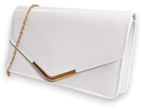 fi9® - Borsa a mano con tracolla, clutch in pelle verniciata, per matrimoni o da sera, Bianco