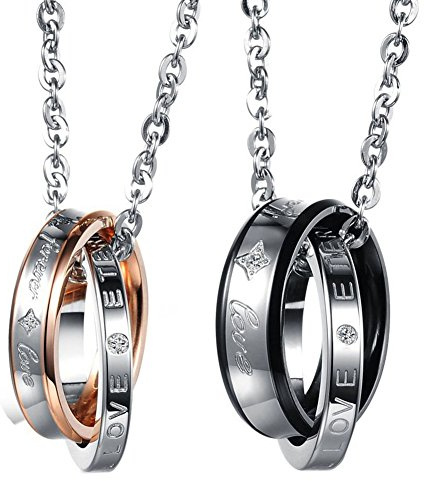 Cupimatch 2 pcs Collier Couple Pendentif Anneau Bague Entrelacé en Acier Inoxydable + Strass,Inscription Forever Love Équivalent Amour pour Toujours - Chaînes de 45 cm et 50 cm