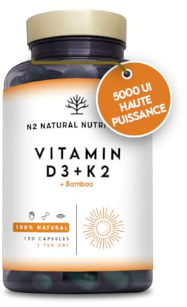 Vitamina D3 y K2. Vitamina D3 5000 ui + Vitamina K2 MK7 200 μg + Silicio + Bamboo. Alta Dosificación y Biodisponibilidad. Contribuye al Sistema Inmunológico. 150 Cápsulas. N2 Natural Nutrition