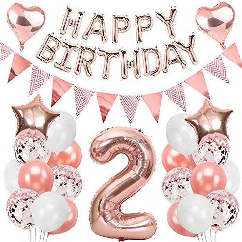 Ouceanwin 2. Geburtstag Mädchen Deko, Geburtstagsdeko 2 Jahr Mädchen Set, Luftballon 2. Geburtstag Rosegold, Riesen Folienballon Zahl 2, Ballons Happy Birthday Girlande, Ballon 2 Deko zum Geburtstags