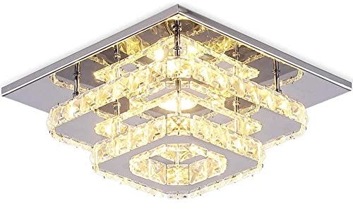 Finktonglan LED Kristall Deckenleuchte 25×25 cm, 25 W, Warmweiß 2700–3500 K, quadratische flache Deckenlampe aus K9-Kristall & Edelstahl, Flush-Mount für Wohnzimmer, Schlafzimmer, Küche