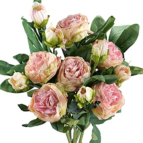 FiveSeasonStuff Vintage Rustic Blush Pink Peonies Artificial Silk Flowers Arrangement with 6 Stems, Wedding Bridesmaids Bouquet Bridal Showers