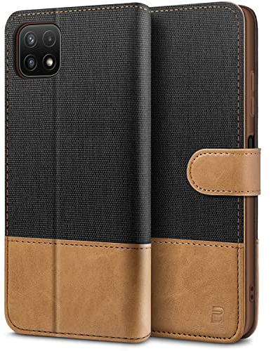 BEZ Handyhülle für Samsung Galaxy A22 5G Hülle, Tasche Kompatibel für Samsung A22 5G, Schutzhüllen aus Klappetui mit Kreditkartenhaltern, Ständer, Magnetverschluss, Schwarz