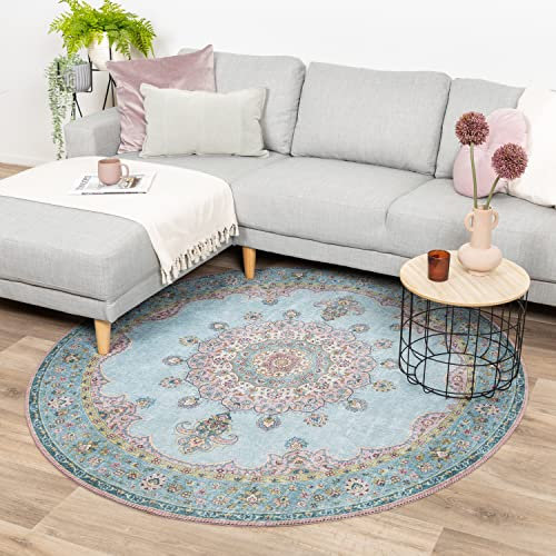 FRAAI | Home & Living Teppich Vintage Rund - Lily Medaillon Hellblau Türkis - Baumwolle, Polyester - Flachgewebe - Vintage - Wohnzimmer, Esszimmer, Schlafzimmer - Carpet