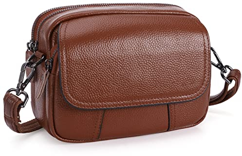 HAWEE Damen Handy Umhängetasche Echtes Leder Crossbody Schultertasche mit 3 Reißverschlüsse Kleine Handytasche zum Umhängen mit Verstellbar Abnehmbar Schultergurt, Braun
