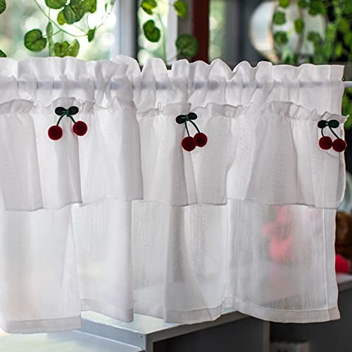 A.Monamour Gardine Scheibengardinen Kurzstores Baumwolle Leinen Weißer Transparenter Voile Tüll Mit Roter Kirsche Kurzgardinen Küchengardine Volants Küche Fenster Kurz Vorhang Bistrogardine
