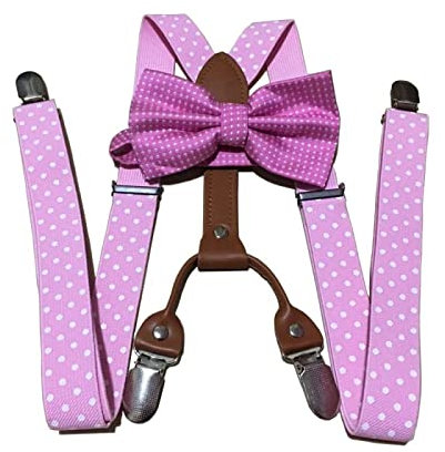 Bretelles pour Homme - Bretelles Noeud Papillon À Pois pour Hommes Élasticité Unisexe Forme Y Réglable 4 Clips Bretelles en Cuir Bretelles Adultes Sangle De Pantalon Rose