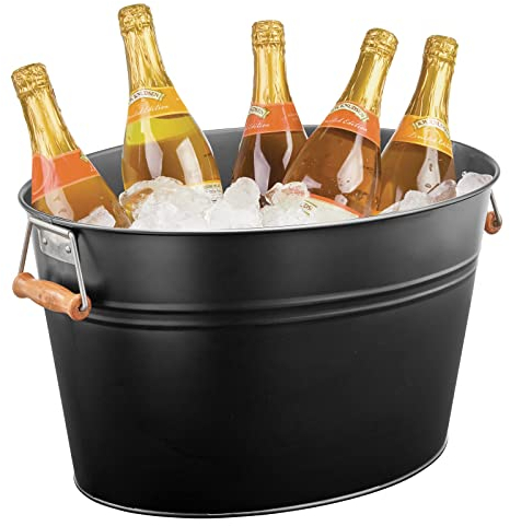 mDesign Large Metal Beverage Tub Oval Cooler Beer, Wine, Ice, & Drinks - Portable 4.75 Gallon/18 Liter Cold Drink Trough Parties - Steel Bin Bucket Stand w/ Bamboo Handles, Matte Black (20530MDK)