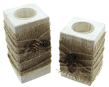 FRANK FLECHTWAREN Teelichthalter Natural Vintage, 2er Set, weiß gekalktes Holz, eckige Form, umwickelt mit Jute, Zapfendeko, herausnehmbarer Glaseinsatz, Maße: Höhe 12 cm, 15 cm, ohne Teelichter