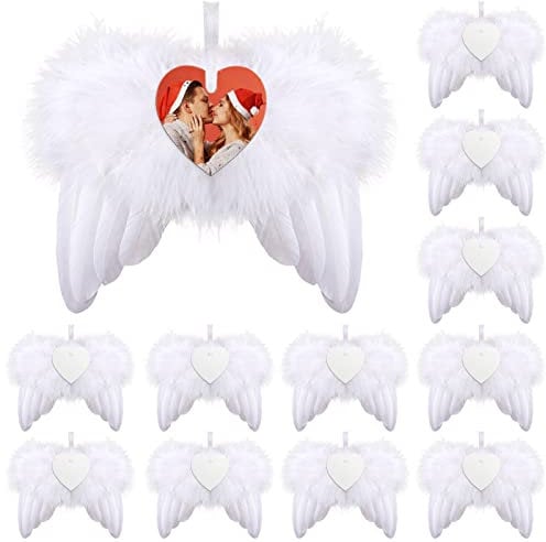 Christmas White Angel Wings Ornament Hanging, Feather Hanging with Sublimation Blanks Heart Ornaments for DIY Christmas Tree Crafts Angel Wings Memorial Gifts Xmas Party Decor,24pcs/12 Pair
