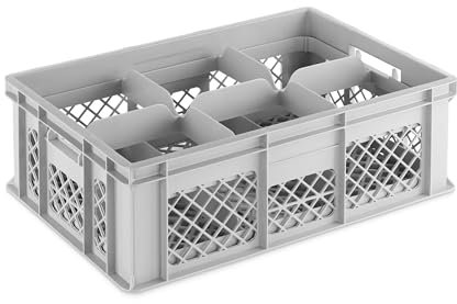 DIE BOX FABRIK Gläserkiste 600x400x200mm mit verschiedenen Einsätzen für Gläser, Krüge oder Tassen | Gläserkasten | Gläserkorb oder Spülkorb | Gastronomiebehälter grau (6 Gläser 2x3)