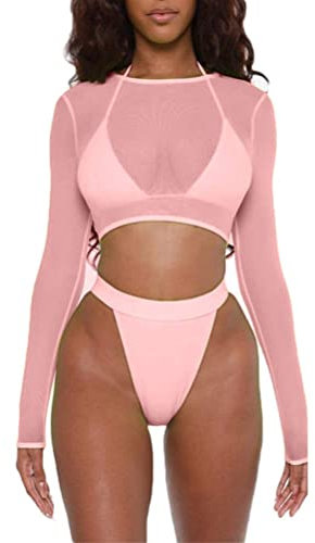 FeMereina Women Rave Outfits Neon Bodysuit Crop Top Long Sleeve Swimsuits Mesh Shrug with Buckle for Festival Club Party (Pink#1, M)