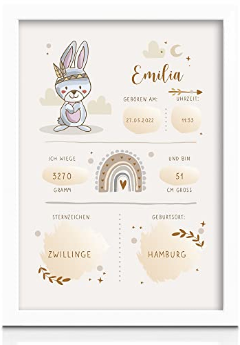 Milaboo® Personalisiertes Geburtsposter Boho Tiere I Personalisiertes Geschenk zur Geburt I Schönes Kinderzimmer Deko (Ohne Bilderrahmen Beige-Hase)