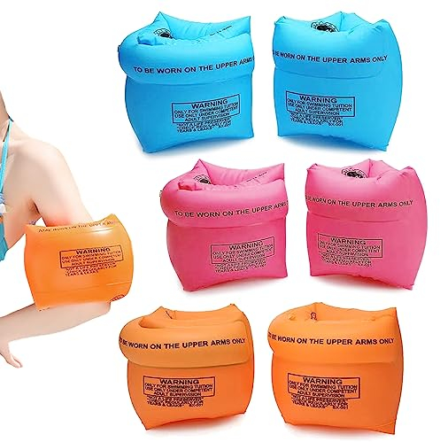 TSHAOUN 3 Pairs Inflatable Swimming Armbands for Kids Adults, Swimming Arm Bands Inflatable Arm Bands Float Roll up Sleeves Swimming Ring, Learning Swim Training Aids, 3 Colors (Orange,Blue,Pink)