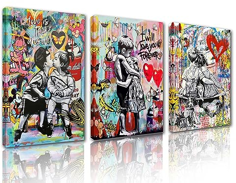 Tucocoo Banksy Leinwandbild, 3-teilig, Motiv: kleiner Junge und Mädchen, Graffiti-Gemälde, moderne Kunstwerke, bunte Wohnkultur für Wohnzimmer, Holzrahmen, Galerieverpackung, fertig zum Aufhängen