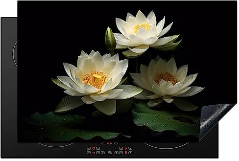 KitchenYeah© Protezione Piano Cottura Tappetino per Induzione 80x52 cm Cucina Proteggi Coprifornello Antiscivolo Loto - Fiori - Bianco - Naturale - Nero