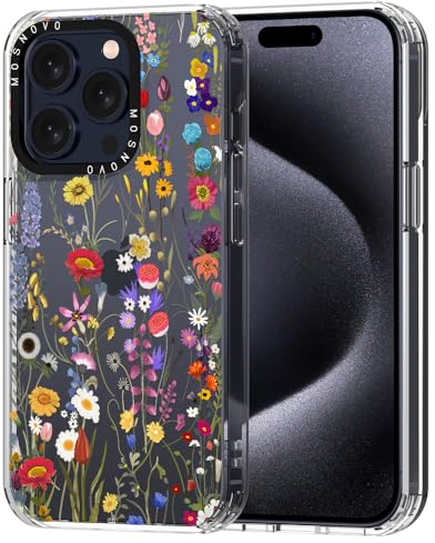 MOSNOVO Case for iPhone 15 Pro, [Buffertech 6.6ft Military-Grade Drop Protection] [Anti Peel Off Tech] Clear TPU Bumper Phone Case Cover Design - Wildflower Meadow