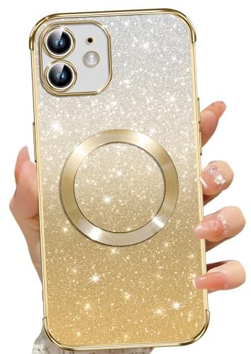 Phoona für iPhone 11 Hülle, Magnetisch Handyhülle Kompatibel mit MagSafe, Keine Vergilbung, Kratzfeste, Ganzkörperschutz Glitzer Hülle für iPhone 11, Mit 2 Schutzfolie, Gold