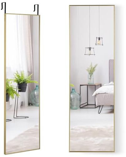 HOMASIS 2 in 1 Wandspiegel & Türspiegel 37x120cm, Spiegel mit mit 2 Haken & Metallrahmen, Ganzkörperspiegel höhenverstellbar, Flurspiegel aus bruchsicher Glas, für Schlaf-, Wohnzimmer & Flur (Gold)