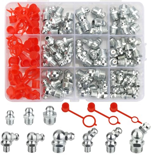 Nadinsta 100 Pezzi Set di Ingrassatori, Ingrassatori Testine M6 M8 M10 in Dritto e Angolato 45° 90°per Raccordo per Ingrassatore con Scatola per Attrezzature Meccaniche per Attrezzature Meccaniche