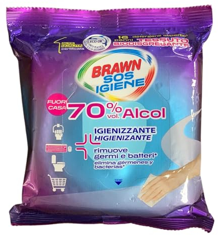 Salviette Detergenti Igienizzanti Superfici, SOS IGIENE, 70% vol.Alcol, Rimuove Germi e Batteri, Tessuto Biodisgregante (Confezione Da 16 Panni)