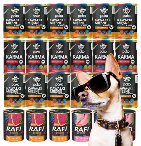 Dolina Noteci Rafi & PAKO Mixbox Nassfutter für Hunde | 24x400g | Sorten mit Truthahn, Ente, Rind & Geflügel | Hoher Fleischanteil & Proteinreich | 9,6 kg