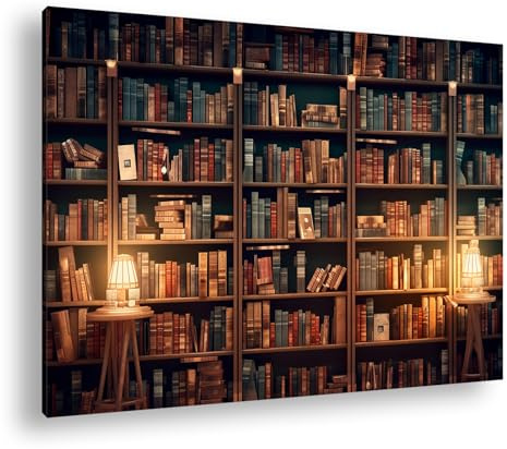 Leinwandbild Gemütliche Bibliothek, Regale voller Bücher, warmes Licht Format: 70x50 cm XXL Kunstdruck Bild auf Keilrahmen/Wandbild/Wohnzimmer Deko