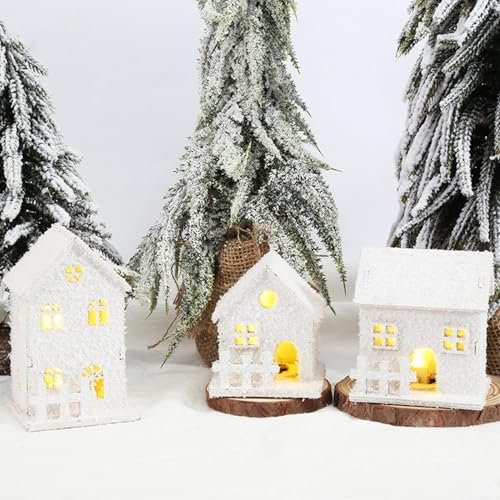 3 Pezzi Villaggio Natalizio Legno LED, Villaggio di Natale Luminoso Miniature, Casette di Neve Bianco, Decorazioni Natalizie con Luci, Decorazione Natalizia Addobbi Natalizi Casa Tavolo Paese Inverno