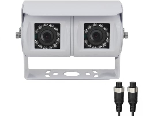 Dual Lens Reversing Camera Night Vision Waterproof Easy Installation Twin Adjustable Angle Lens for Truck Bus Motorhome Campervans Trailer Caravan Parking Reverse Backup Camera (White 4 Pin Aviation)