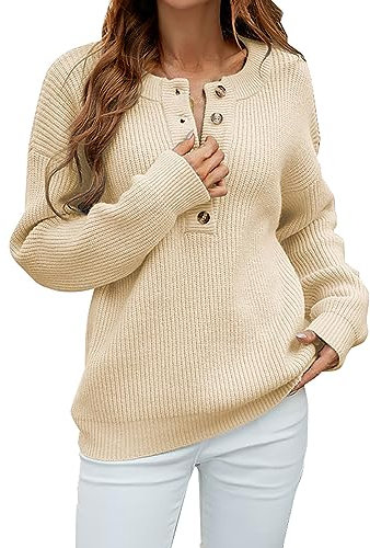 Maglione Donna Autunno Maglioncino Donna Maglione Pullover Monopetto Tinta Unita Girocollo Da Donna Maglioncino Cotone Vestibilità Ampia Maglioncini Donna Maglia Manica Lunga Invernale (Beige, XL)