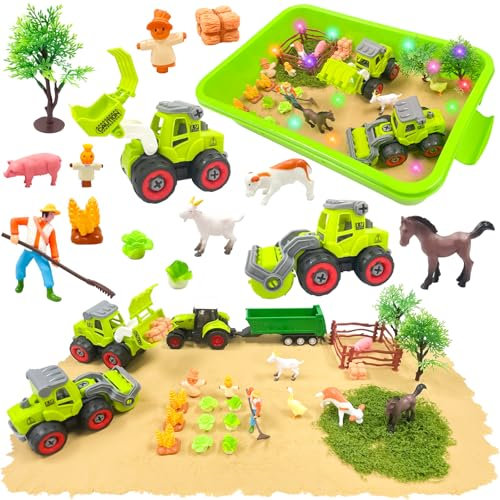 PQKL-party Bauernhof Kinetischer Sand Set, Spielsand Sandspielzeug mit Toy Sand、Bauernhofspielzeugautos und Tierisches Spielzeug, Sensorisch Sandspielzeug für Alter 3 4 5 6 7+ Jahre Alt