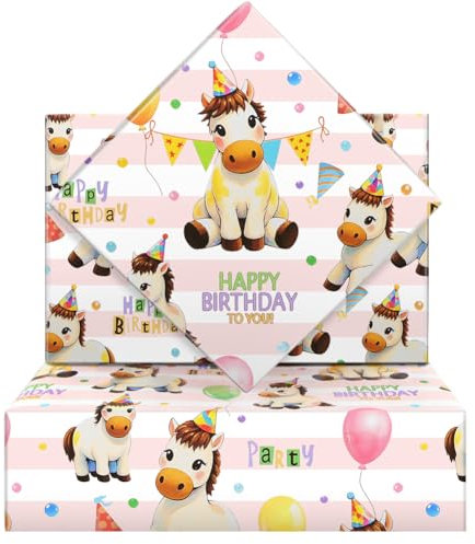 Geschenkpapier für Pferde, Safari-Dschungel-Party - Weißes Pferd mit Geburtstagshut und Ballon, 6 Bögen 50x70cm für Mädchen, Jungen, Kinder, Kindergeburtstag, Feiertage