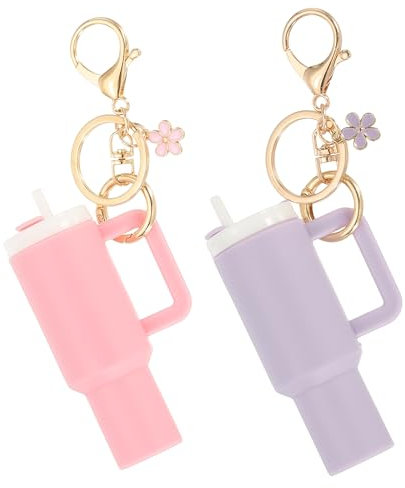 PATIKIL Mini Tumbler Keychain, 2Pcs Mini Cup Keychain Lip Balm Holder Cute Charm Key Chain for Backpack Charm Women Purse Handbags, Pink, Light Purple Flower