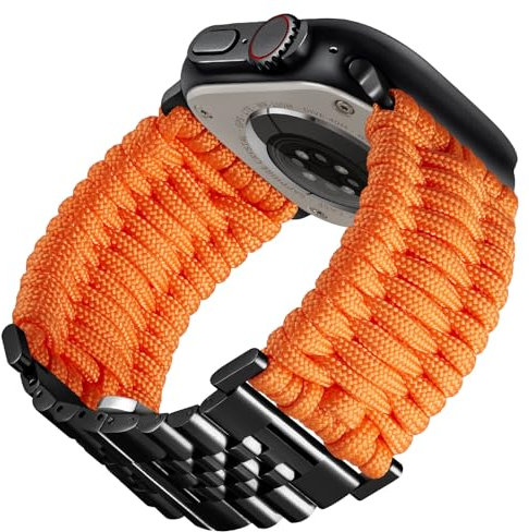 BINLUN Kompatibel mit Apple Watch Armband 46mm 45mm 44mm 42mm Geflochten 550 Paracord Stahl Sport Armbänder Kompatibel mit iWatch Series 10/9/8/7/SE2/SE/6/5/4/3/2/1 Herren Damen(Orange-Schwarz)