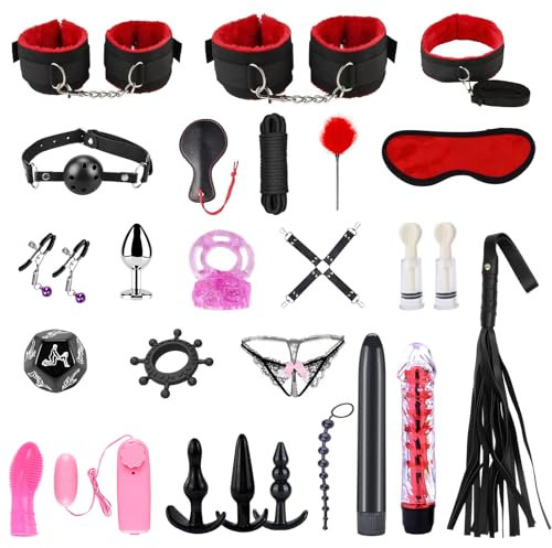 Qoosea Kits de Ataduras BDSM Juguetes Plug Anales 26PCS Sets Parejas Juguetes Sexuales Set Bondage Ajustable Juegos de Adultos para Parejas Set de Sujeción para Accesorios Sexuales (Negro y Rojo)